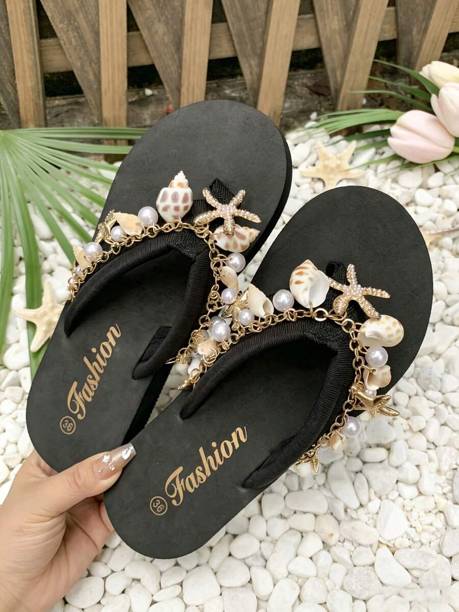 女士凉鞋挂饰，贝壳度假人字拖链，珍珠贝壳链，可爱夏日海星度假风，海洋主题沙滩夏季饰品，可调节天然海螺、珍珠和贝壳鞋链，夏季度假 - 彩色 - 查看 1