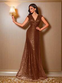 女士优雅领口晚礼服，奢华迷人的亮片面料，腰部收褶设计，青春靓丽，适合派对、毕业典礼、婚礼、活动、盛会和舞会等场合，女士正式舞会礼服（豪华版）春季派对 - 鏽棕色 - 查看 2