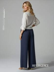 Women's Wide Leg Palazzo Pants, High Waist, Duna Fabric, Knit Fabric, Casual, Basic, Practical, Perfect For Everyday, Spring, Summer, Drawstring, Vacation, Office, Night, Diary, Travel - Màu xanh hải quân - Xem 4
