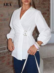 ARA CHIC Women's White French Style Long Sleeve Blouse, Metal Buttons, Irregular Lapel, Fashionable Pleats, Waist Cinching Design, Casual Top, Suitable For Vacation And Party Wear, 2026 Spring/Summer New Arrival - White - View 2