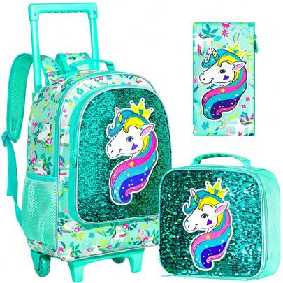 3PCS Rolling Backpack For Girls, Kids Roller Wheels Bookbag, Wheeled School Bag With Lunch Bag - Unicorn Green