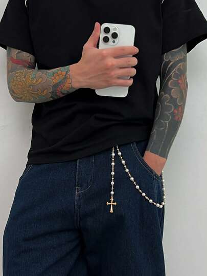 1件嘻哈风仿珍珠十字链组合吊坠闪亮金属裤链，摇滚朋克风高级休闲简约街头服饰百搭时尚配饰男士礼物