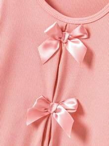 2件套女童甜美罗纹蝴蝶结装饰套装 - 短袖上衣+喇叭裤，松紧腰，蝴蝶结袖口，适合生日派对、日常休闲穿着、春夏 - 粉色 - 查看 5