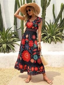 New Autumn Lightweight V-Neck All-Over Cute Leaf & Floral Print Bohemian Casual Pleated Ruffle Hem Waist Splice Maxi Dress, Suitable For Music Festivals, Women's Holidays, Country Music Concerts, Graduation, Parties, Back To School, Teacher's Day, Halloween, Christmas - 黑色 - 查看 6