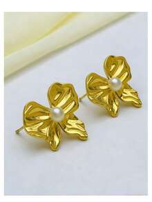 1 par de pendientes asimétricos de acero inoxidable con lazo y perla, adecuados para fiestas y uso diario - Dorado - Ver 2