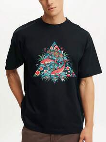 Colorful Fish Floral Triangle Design Printed Premium T-Shirts Mens Summer Short Sleeve Tees Casual Tops - Black - View 1