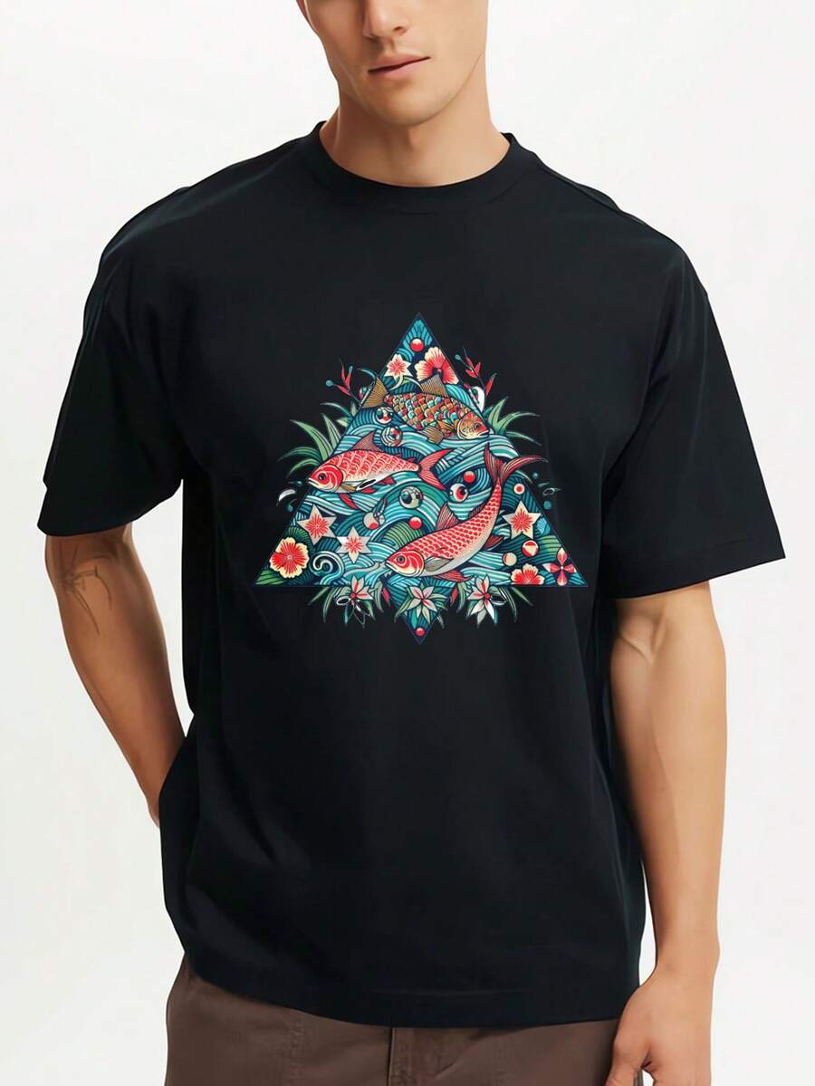 Colorful Fish Floral Triangle Design Printed Premium T-Shirts Mens Summer Short Sleeve Tees Casual Tops - Black - View 1