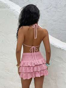 2026 Spring/Summer New Women's Casual Fashion Set, Hollow Deep V-Neck Halter Knit Top And Waist Tie Multi-Layer Ruffle Knit Skirt, Y2K Cute Pink Beach Holiday 2-Piece Outfit, Suitable For Beach Dates, Beach Parties, Music Festivals, Casual Travel - Pink - View 9