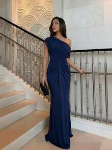 Women's Elegant Asymmetric Shoulder Draped Mesh Dress, Fitted - Blue - View 2