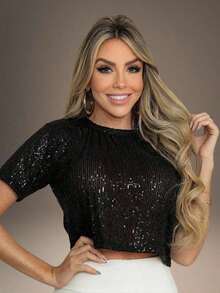 Women's Sequined Short-Sleeve Cropped Blouse For Parties, Nights Out, Carnival, New Year's Eve - 黑色 - 查看 1