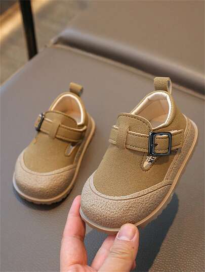 1 Pair Khaki Children's Casual Sports Shoes, Breathable Fabric, Comfortable & Fashionable Hook And Loop Closure, Suitable For Kids All Seasons, Spring/Summer, Recommended To Order One Size Down (Size 16-19)