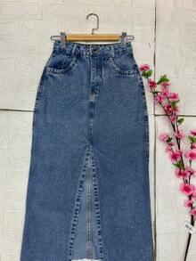 Denim Midi Skirt With Glitter And Frayed Hem. - 大理石藍 - 查看 5