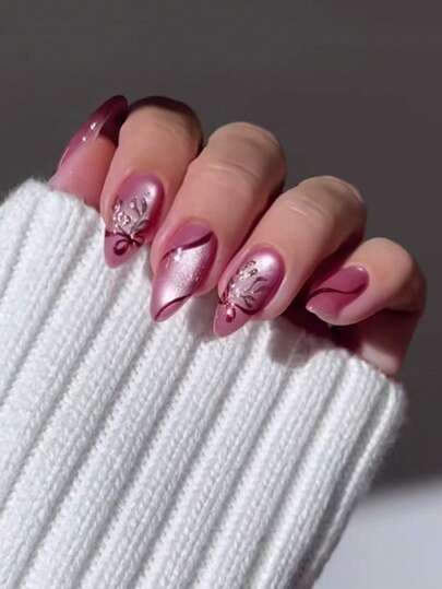 24pcs Medium-Long Almond-Shaped Gentle Purple Ribbon Glitter Bowknot Cat Eye Nail Stickers, Removable, Suitable For Women's Daily, Work, Date Wear, Includes 1pc Jelly Gel + 1pc Nail File Nail Supplies