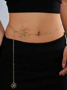 1pc Versatile Hollow Flower Waist Chain, Metal Wire Flower Tassel Design, Vacation Style Women's Waist Chain, Suitable For Beach, Seaside, Casual Holiday, Honeymoon Wear - Yellow Gold - View 1