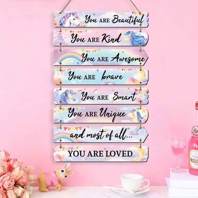 8pcs Unicorn Wooden Wall Hanging Set, Watercolor Unicorn Inspirational Quotes With Pink Rainbow - "You Are Brave" Room Decor Plaque For Bedroom/Living Room/Door Decoration, Whimsical Design, Wood, Motivational Plaques, Teen Bedroom, Home Stylists