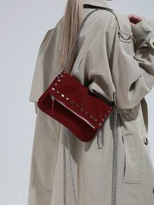 1pc Women's Burgundy Studded Chain Crossbody Bag | Waterproof Multi-Functional Mini Purse | Fashion Holiday Gift Bag For All Seasons - Women's Bags - View 14