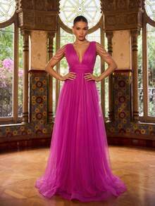 Faeriesty Đầm dạ hội trang trọng thanh lịch dành cho nữ, thiết kế cổ chữ V sâu, thích hợp tham dự các buổi dạ tiệc, sự kiện thảm đỏ, tiệc trang trọng và đám cưới mùa xuân. - Màu Hồng Tươi - Xem 1