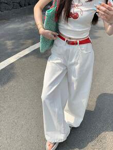 Women's Washed Wide Leg Jeans, Loose Casual Fashion Versatile Pants - White - View 3
