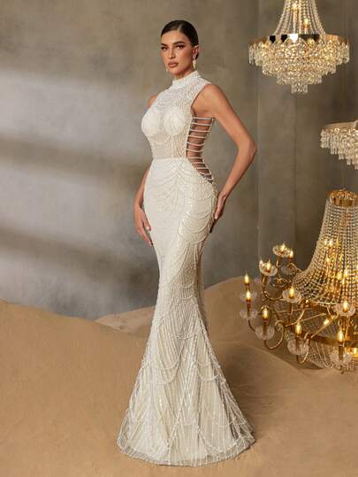 Faeriesty Elegant High Neck Mermaid Sequin Dress For Women - Sleeveless Beaded Top, Sequin Embellished Hem, Suitable For Romantic Valentine's Date, Destination Luxury Wedding, And Red Carpet Gala Party Formal