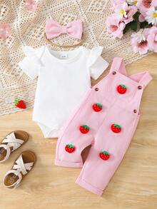3件套夏季女婴白色短袖连体衣、草莓印花连体裤和蝴蝶结发带套装 - 彩色 - 查看 1