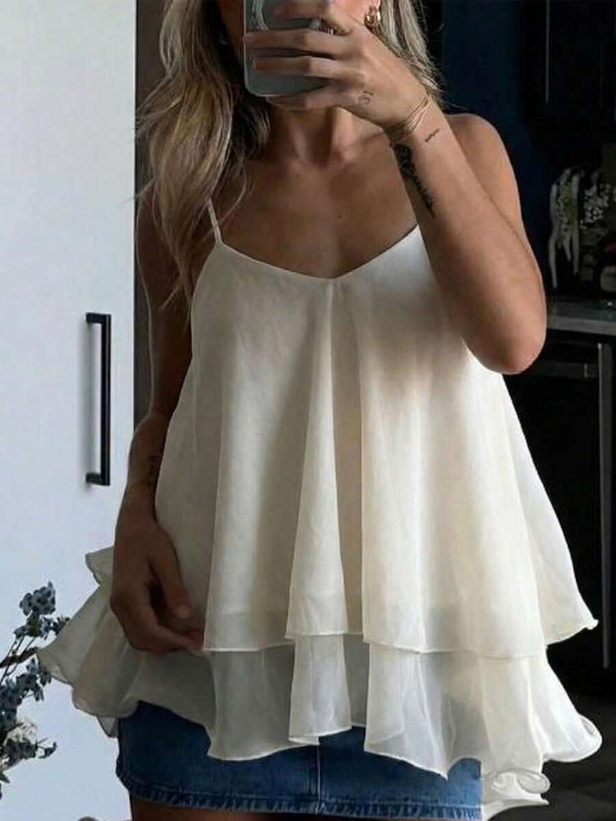 Áo hai dây nữ mùa hè mới, màu trơn, nhiều lớp, xếp ly, cài nút phía trước, thích hợp cho kỳ nghỉ, mặc hàng ngày, hẹn hò, đi chơi. - Màu be - Xem 1