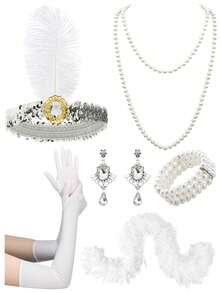 6件套1920年代复古女郎派对服装配饰 - 复古发箍、耳环、仿珍珠项链、仿羽毛围巾、手套 - 适合派对、1920年代主题角色扮演、化装舞会、正式晚宴、新年派对和情人节 - 彩色 - 查看 3
