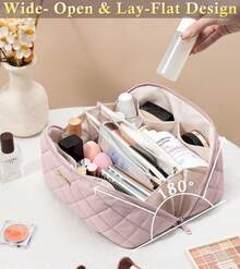 Travel Makeup Bag, 3 Pcs Large Capacity Puffy Toiletry Bag For Women, Open Flat Make Up Cosmetic Organizer W/Handle & Clear Divider Water-Resistant Portable Pouch Travel Essentials - 粉紅玫瑰 - 查看 4