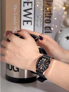 1 件女士休闲简约风格硅胶表带石英机芯腕表，适合日常佩戴 - 黑色 - 查看 6