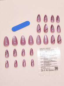 24片中长款杏仁形柔和紫色丝带闪光蝴蝶结猫眼美甲贴纸，可移除，适合女性日常、工作、约会佩戴，包含1片果冻胶+1个指甲锉美甲用品 - 彩色 - 查看 2