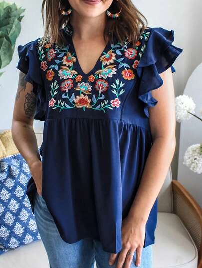 Acelitt Blusa de verano con cuello en V azul desgastado, mangas con volantes y detalles de bordado floral