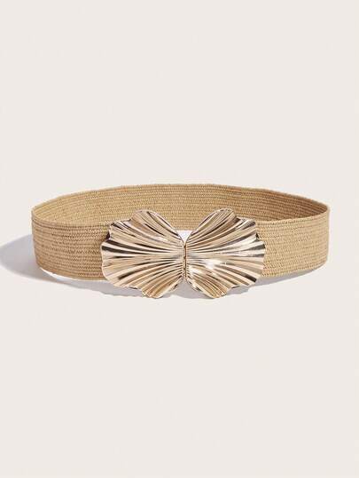 1pc Women's Straw Waist Belt, Summer Bohemian BOHO Vacation Style Gold Shell Buckle Elastic Straw Khaki Belt, Matching Skirts, Pants, Evening Dresses, Parties, Festivals, Beach Vacation, Birthday Gift