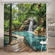 1 Piece Large Tropical Waterfall Shower Curtain (Including Hooks) -  Jungle Greenery And Waterfall Pattern, 71x 71inch (180x 180cm ) Bathroom Decorative Curtain, Suitable For Spa Centers And Bathrooms, Machine Washable, Scenic Shower Curtain, 2D Flat Design - 多色 - 查看 5