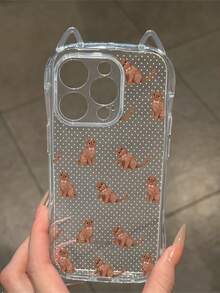 1个棕色可爱猫咪波点印花猫耳手机壳，1.5mm TPU软壳，气囊防摔设计，猫耳挂件，适用于 17/17 Pro/17 Pro Max/Air/16/16 Pro/16 Plus/16 Pro Max/15 Pro Max/15 Pro/15 Plus/11/12/13/14/15/16E - 彩色 - 查看 2