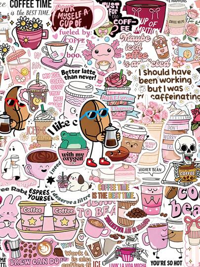 50张创意咖啡涂鸦装饰贴纸，适用于手机壳、剪贴簿、吉他、信封标签、杂志等DIY高清印刷PVC贴纸，奖励礼品（不易脱落）