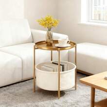 mesa de centro salaMesa Auxiliar Redonda con Cajón de Tela y Base Dorada - Mesita de Noche para Recámara Mesa Lateral para Sala Organizador Compacto con Almacenamiento Elegante - como en la foto - Ver 8