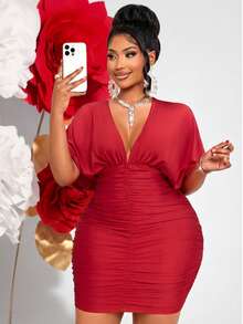Voworia Curve-Enhancing Red Deep V-Neck Short Sleeve Ruched Bodycon Mini Dress Plus Size Elegant Summer - Red - View 3