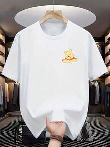 Disney Authorized-Men's Cotton Short-Sleeved T-Shirt, Men's Casual Disney Winnie The Pooh Printed T-Shirt-Black Gold Stripe Design, Comfortable Cotton Round Neck T-Shirt, Suitable For Daily Street Wear, Necessary In Summer. - 白色 - 查看 1