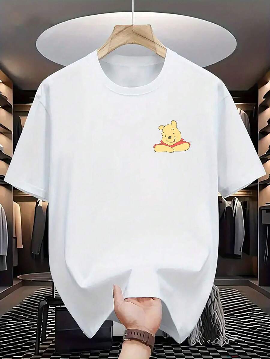 Disney Authorized-Men's Cotton Short-Sleeved T-Shirt, Men's Casual Disney Winnie The Pooh Printed T-Shirt-Black Gold Stripe Design, Comfortable Cotton Round Neck T-Shirt, Suitable For Daily Street Wear, Necessary In Summer. - 白色 - 查看 1