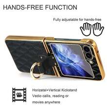 VIETAO Electroplating PC Material Finger Ring Holder Faux Leather Phone Case Compatible With Samsung Galaxy Z Flip 3 4 5 6 7 Mobile Cover With Tempered Glass Screen Protector - Black - View 3