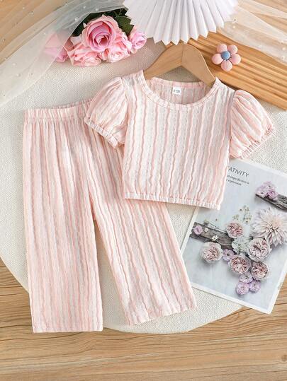 两件套女童可爱条纹上衣和简约长裤，优雅日常穿搭