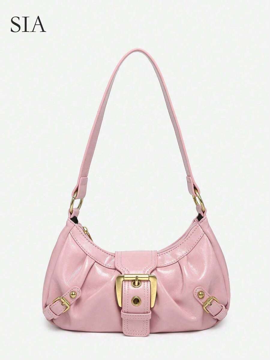1pc Women's Vintage Mille Doux Wasteland Style Soft Distressed Leather Bag, Rivets And Needle Buckle Decoration, Wrinkle And Cloud Patterns, Shoulder/Crossbody Bag, Suitable For Work, Commute, Date And Party, Tready Crescent Moon Bag For Women - Hồng - Xem 1