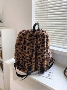 Allover Leopard Pattern Fluffy Backpack, Bag For School For College School Bag, School Backpack Large Capacity For Teen Girls Women College Students College, Middle School, High School, Outdoors, Travel, Outings, Back To School Back To School, Cute, Suitable For Teen Girls Women College Students Outdoors, Travel, Outings, Leopard Print Bag, Fall Winter Fashionable Cheetah Print Purse For Women ,University Bag - 棕色 - 查看 5