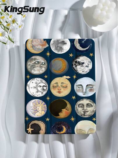 Kingsung Moon Pattern Tablet Protective Case, Compatible With 9.7/10.2/10.5/10.9/12.9/Pro 11, 10th Generation, Compatible With Samsung Galaxy Tab S6 Lite 10.4-Inch, Compatible With Kindle Paperwhite 12th Gen 2024, Kindle (11th Generation) 2022 Version, Kobo Clara Color, Soft Anti Fall, Smart Stand/Auto Wake/Sleep