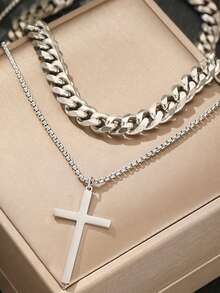 VJS 男士两件套金链套装，链+十字架吊坠项链，嘻哈街头风饰品 - 彩色 - 查看 1