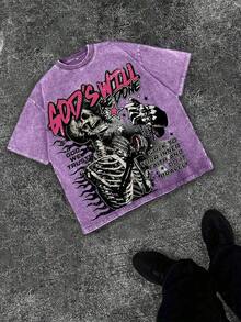 Unisex Washed Skull Print T-Shirt 0-5XL Plus Size Loose Casual Outdoor Sports Versatile Batik Cotton Retro High-Quality Summer Vacation Gift T-Shirt - 紫色 - 查看 1