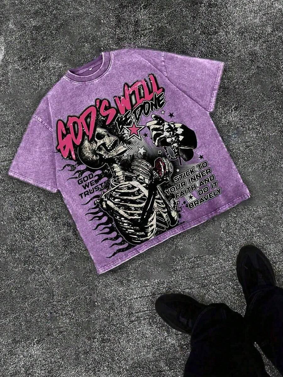 Unisex Washed Skull Print T-Shirt 0-5XL Plus Size Loose Casual Outdoor Sports Versatile Batik Cotton Retro High-Quality Summer Vacation Gift T-Shirt - 紫色 - 查看 1