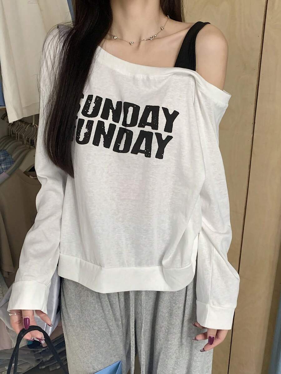 Women's Loose Fit Asymmetrical Shoulder Letter Print Long Sleeve T-Shirt Top - White - View 1