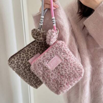 Hot Selling New Fashion Charm Winter Plush Leopard Print Handbag Cute Girl Portable Travel Storage Makeup Bag Women's Luxury Jewelry Bag Birthday Gift