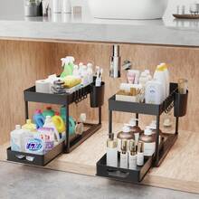 Organizador De Almacenamiento Multifuncional Debajo Del Lavabo, Estante De Gabinete Extraíble, Estante Para Baño De 2 Niveles - Negro - Ver 4