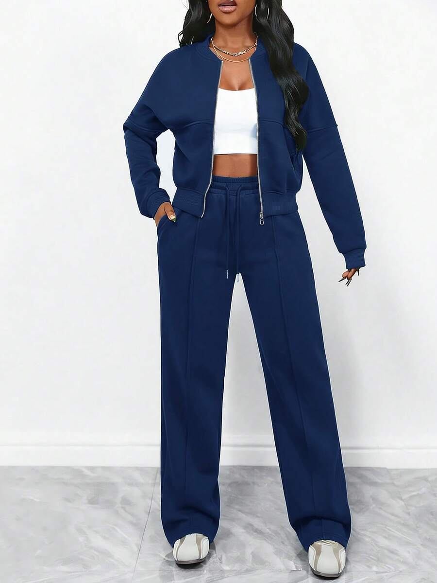 Damen Einfarbiger Reißverschluss Cardigan mit Langarm und Kordelzug gerade Hose Freizeitanzug, elegant und modisch, vielseitig für den täglichen Gebrauch, Herbst/Winter